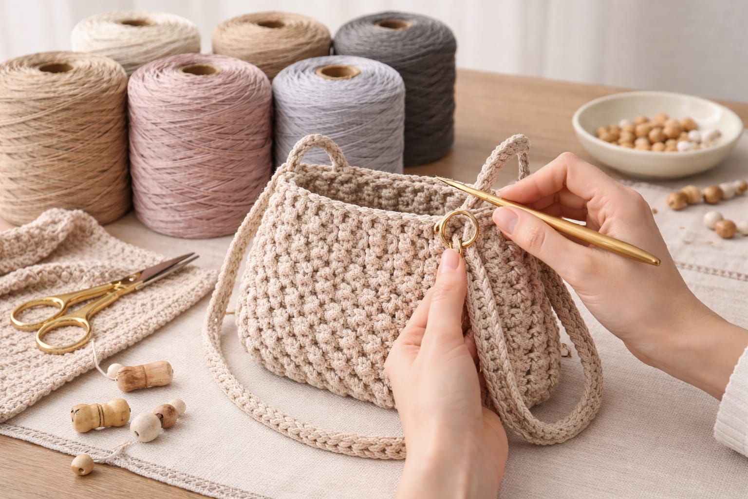 Foto das mãos fazendo crochê.